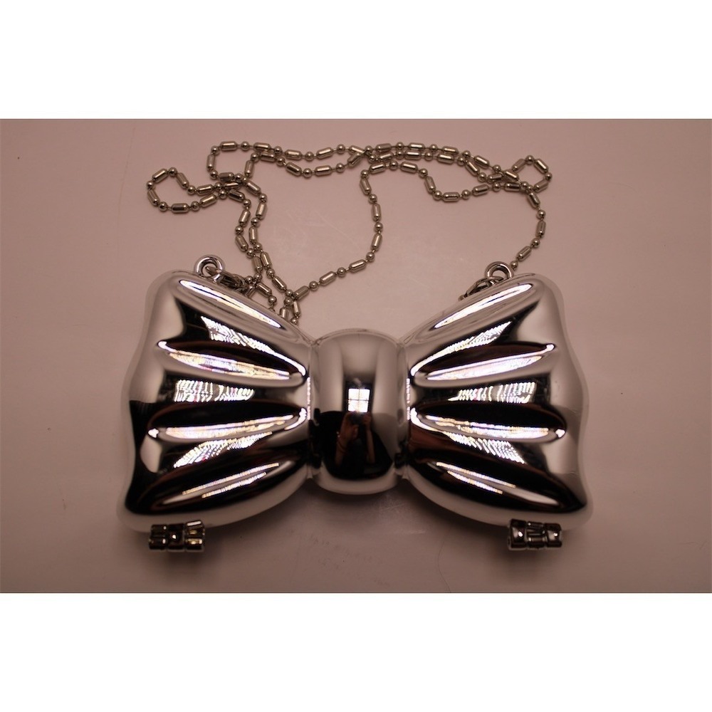 SHEIN Clutch Purse Womens Mini Metallic Silver Bow Evening Bag w/ Chain